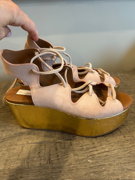 See by Chloe Liana Pink Suede Lace-Up Platform Wedges with Gold Platform